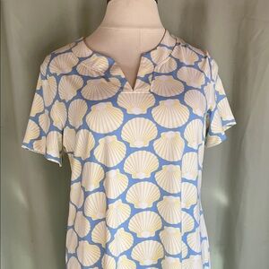 NWT Sailor sailor Seashell Print Notch-Neck Shift Dress Light Blue Yellow Cream